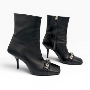 Givenchy Woven G Chain Lamb Leather Boots 38 8‎ Square Black Stiletto Heel Italy
